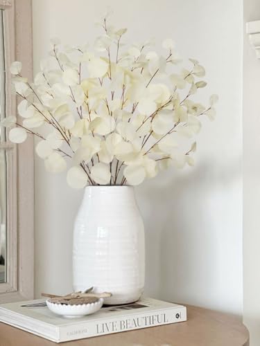 Cream White Eucalyptus Stems Fake Eucalyptu Leaves 34” Long Silver Dollar Leaves 5 Pcs Silk Eucalyptu Stems for DIY Bouquet Arrangements Centerpieces Shower Decorations-Artificial Eucalyptus Spray - color: Cream White
