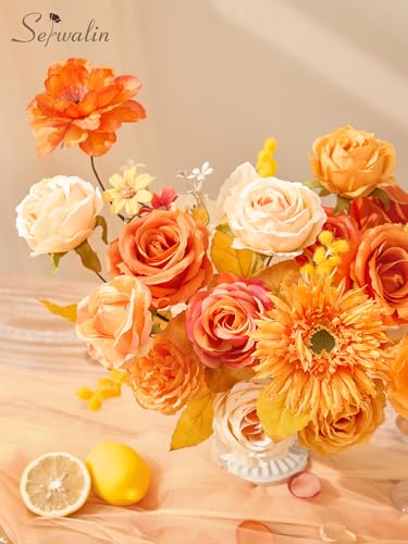 Serwalin Artificial Spring Flowers, Orange Silk Fake Flowers with Stems, Autumn Sunflower Faux Flowers for Wedding Bridal Baby Shower Party DIY Craft Home Cake Decoration - color: Orange Sunflower, size: Square