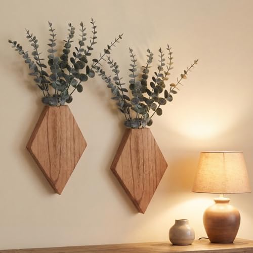Chunful 2 Pcs Wooden Wall Planter Decor Hanging Fake Plants Greenery Flowers Holder Vase Boxes for Wall Bohemian Farmhouse Room Kitchen Office Indoor Decoration (Wooden Color,9.8 x 6.6 x 1.2 Inches) - color: Wooden Color, size: 9.8 x 6.6 x 1.2 inches