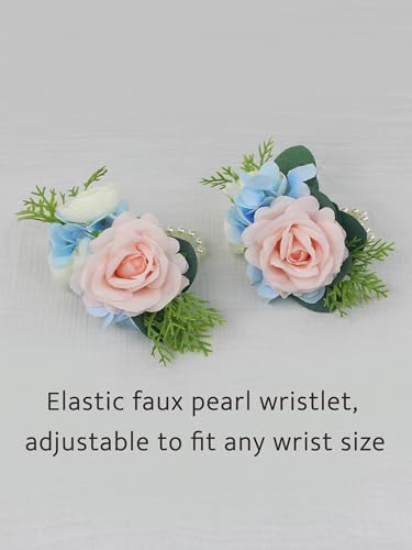 Rinlong 2Pcs Pink Blue Wrist Corsage for Wedding, Prom, Homecoming | Bridesmaid, Mother of the Bride Corsage - color: 11-blue & Blush