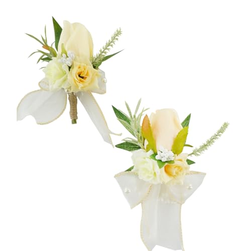 Champagne Corsage and Boutonniere Set for Wedding Prom, Artificial Rose Flower Homecoming Corsage Wristlet, Boutonniere for Men Wedding Suit Decor - color: Champagne