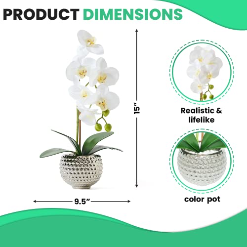 Fake Flowers with Vase, Large Orchids Artificial Flowers in Silver Pot Fake Orchid Fake Plant in Pots Artificial Flowers for Home Decor Indoor Table Centerpiece Bathroom Decoration - color: Silver&white