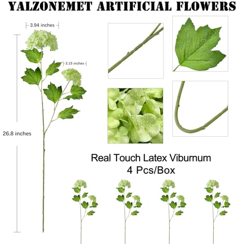 RUZUQE YalzoneMet 4pcs Viburnum Artificial Flower Snowball 26.8'' Long Stem Green Small Hydrangea Flower Real Touch Lifelike Latex Flower for Home Christmas Decoration Xmas Table Flower - color: Green