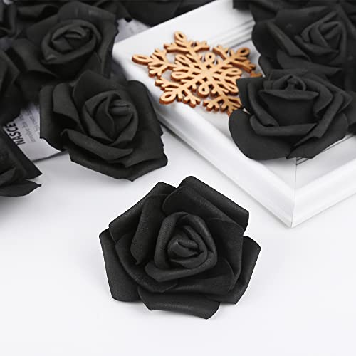 Artificial Rose Flower Heads, 100pcs Black Fake Roses Artificial Flower Foam Rose Heads for DIY Wedding Bouquets Centerpieces Arrangements Party Baby Shower Home Decor (Stemless, Black) - color: Black, size: 100PCS