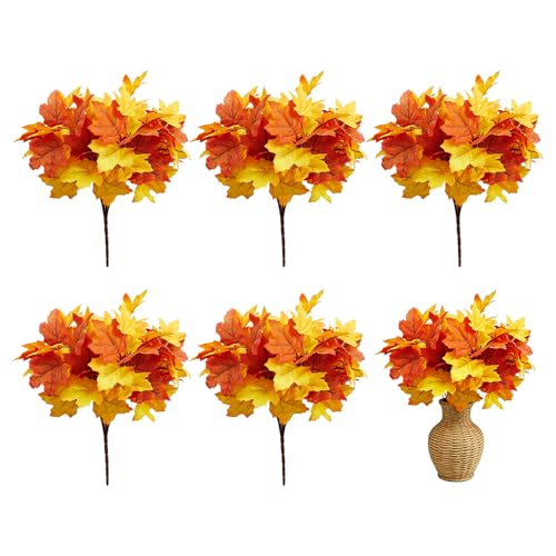 6 Pcs Artificial Maple Leaves Branches Fall Flowers 12 Inch Faux Fall Foliage Autumn Stems for Thanksgiving Table Centerpiece Harvest Home Decor Vase Filler - color: Orange 2