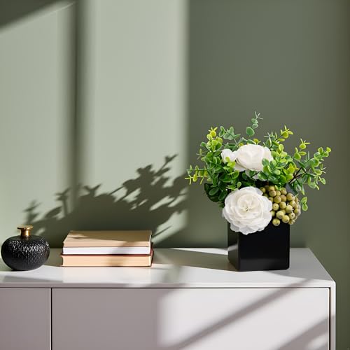Artificial Flower Arrangement in Black Vase，Floral Centerpiece Table Decor | ﻿ White Artificial Rose Flower Arrangement Set, Faux Eucalyptus Berry Bouquet with Black Square Ceramic Pot for Table Decor - color: White+green