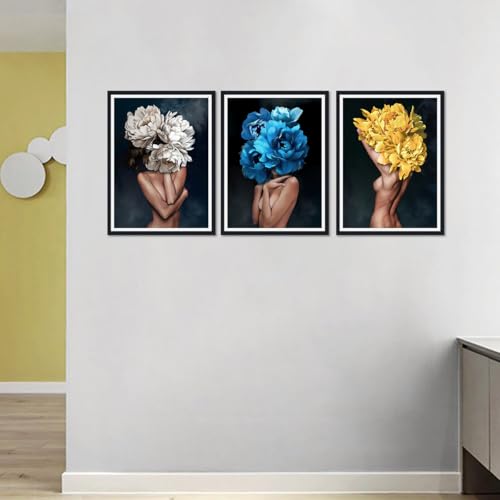 Sexy Woman with Flowers Wall Art Nude Women Posters Wall Decor Flower Blooming on Girls Head Canvas Prints Artwork Decor for Home Bedroom Bathroom Hotel Framed Ready to Hang 16x24inchx3pcs - color: Art01, size: 16x24x3Pcs Black Framed
