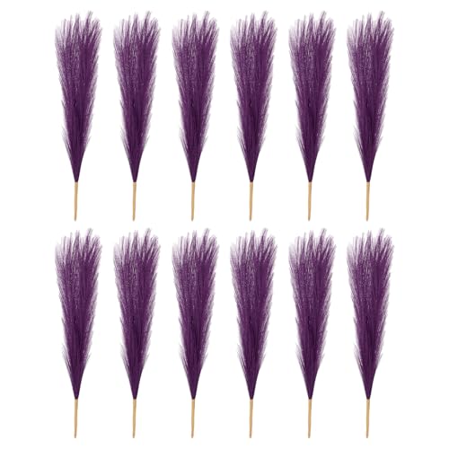 PATIKIL 17 Inch Faux Pampas Grass, 12 Pcs Boho Decor for Home Decoration Artificial Tall Fluffy Stems for Wedding Flower Party Vase Arrangement Centerpieces, Dark Purple - color: Dark Purple