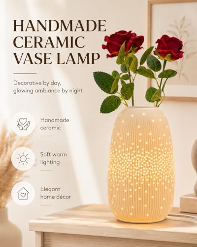TACAHE Ceramic Vase Table Lamp, 2700K Bulb & 3 Artificial Flowers Included, E12 Socket, Inline Switch, Handmade Openwork Craft, Ambient Light for Living Room Bedroom - Starry 9.3" - style: Starry