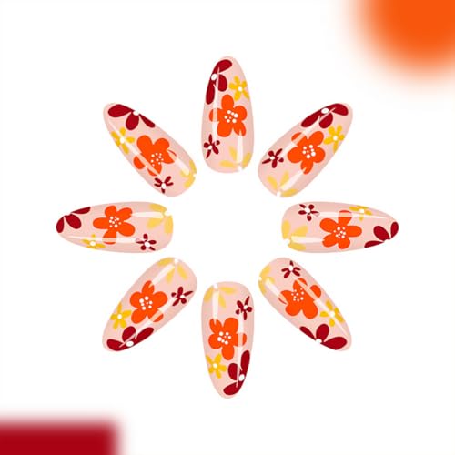 24Pcs Fall Press on Nails Medium Almond Fake Nails Colorful Flower False Nails with Glossy Design Floral Glue on Nails Full Cover Artificial Thanksgiving Stick on Nail for Women Acrylic Manicure DIY