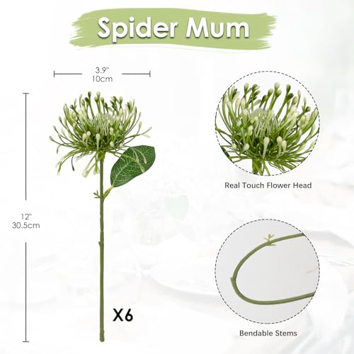 Briful 6PCS Artificial Mums Spring Flowers 4'' Green Spider Chrysanthemum Fake Flowers Bouquet for Home Vase Centerpieces Arrangements Bridal Shower Decoration - color: Green