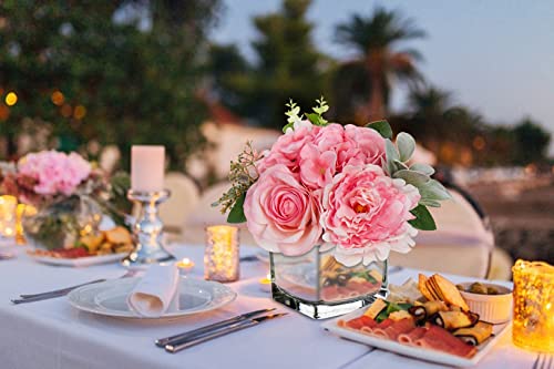 GnFlus Artificial Flowers in Vase Fake Silk Hydrangea Rose Flower Arrangement Faux Potted Flowers for Indoor Home Bathroom Office Table Shelf Decor, Pink - color: Pink, size: 3-in-1