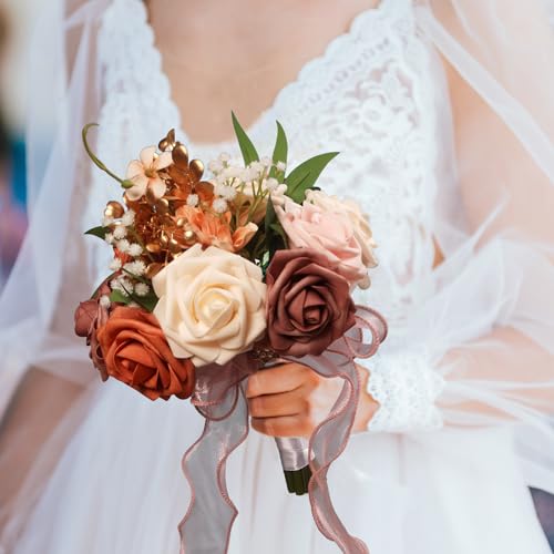 LEIFENY Wedding Bouquets for Bride, Pink & Champagne Bridal Bridesmaid Flower with Silk Ribbon, Artificial Toss Rose for Civil Ceremony - color: Pink & Champagen White