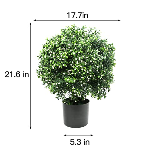 Sunnyglade 21.6” Tall Artificial Jasmine Topiary Ball Tree Set of 2 Pack Potted Bushes UV Resistant Potted Plants for Indoor Outdoor Home Garden (White) - color: White