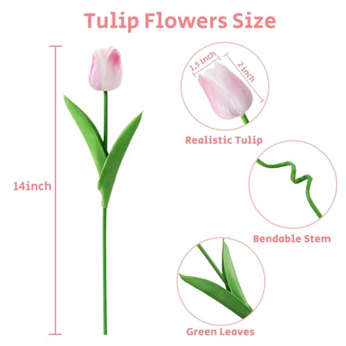 U'Artlines 30Pcs Fake Tulips Artificial Flowers with Stems Faux Tulips Bouquet Real Touch Flower for Wedding Home Kitchen Spring Easter Mother's Day Floral Arrangement Decor (Light Pink) - color: Light Pink