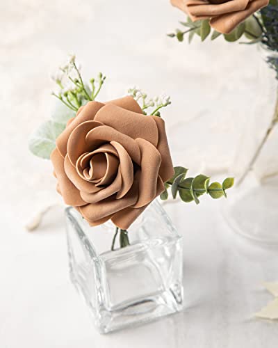 DuHouse 25Pcs Artificial Roses Flowers Fake Roses with Stems Real Touch Foam Flowers for DIY Wedding Bouquet Party Centerpiece Floral Arrangement Party Home Decor (Coffee) - color: Coffee, size: 25pcs