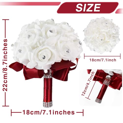 MOJUN Wedding Bouquets Crystal PE Roses Bridal Bridesmaid Wedding Hand Holding Bouquet Artificial Fake Flowers Toss Bouquet, Burgundy - color: Burgundy