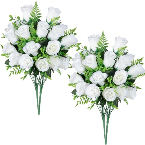 XONOR Artificial Rose Flowers - 4Bouquets Realistic Fake Silk Roses for Wedding Party Home Centerpieces Office DIY Cemetery Grave Decoration (Pack of 4, White) - color: White