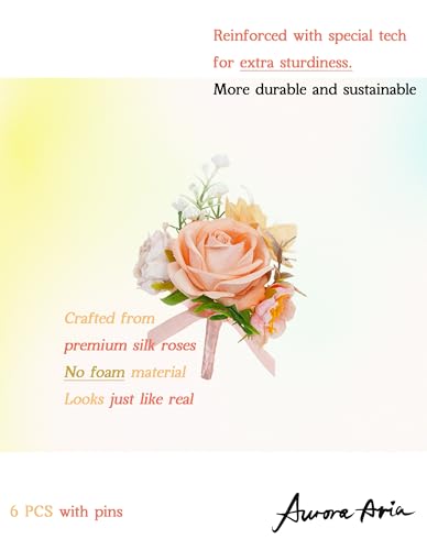 AuroraAria Champagne Boutonniere for Men,Set of 6,Groom Boutonniere for Wedding,Anniversary,Homecoming,Formal Dinner Party,Wedding Decor,Artificial Champagne Rose - color: Champagne