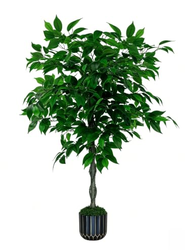Artificial Ficus Tree 4FT Tall, Artificial Plants Indoor with Black Planter Faux Ficus Tree Realistic Faux Silk Plant for Home Office Living Room, Porch, Garden Decor