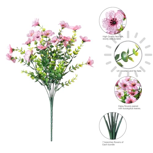 florisso Artificial Flowers for Outdoors Daisy 12 Bundles for Home Decoration, Faux Flower Fake Plants Outside Decoration with Eucalyptus UV Resistant for Planter Porch Patio Yard Garden Pink - color: Pink