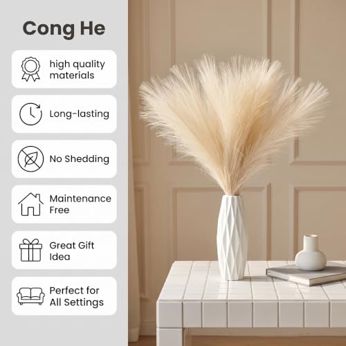 30PCS Artificial Pampas Grass Decor, 21.7" Small Faux Pampas Grass No Shedding Allergy Free, Fluffy Boho Silk Flowers for Vase Filler, Home Living Room Wedding Table Centerpieces, Beige - size: Begie