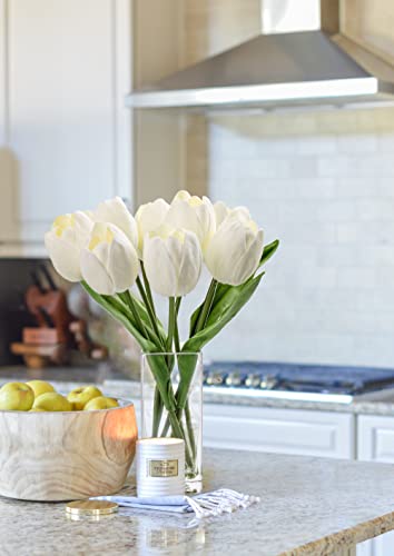 Briful Fake Flowers Artificial Tulip Flower White in Clear Vase, Real Touch Foam Tulip Arrangement Suitable for Home Office Decoration, Dining Table Centerpiece - color: Cream