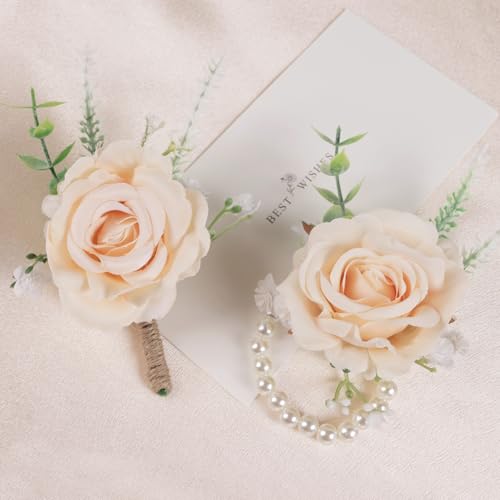 Alizeal 2Pcs of Wrist Corsage and Boutonniere Set, Artificial Flowers Accessories Suit Decor for Wedding Prom Party Homecoming Ceremony, Champagne - color: 701-champagne