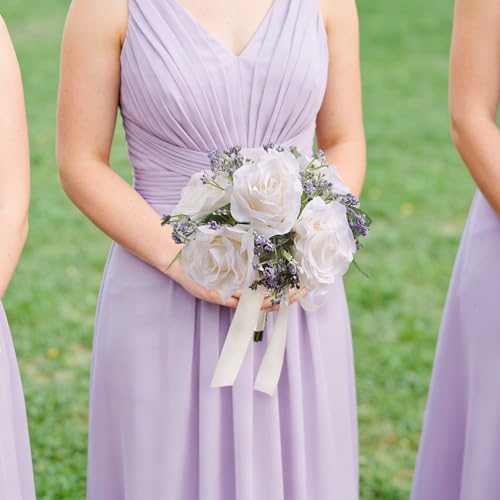 8.5 Inch Ivory Bridesmaid Bouquets for Wedding, Set of 4, Small Rose Bouquet, Rustic Artificial Silk Flowers, Floral Centerpiece Decorations - color: 4pcs White&purple Bouquets