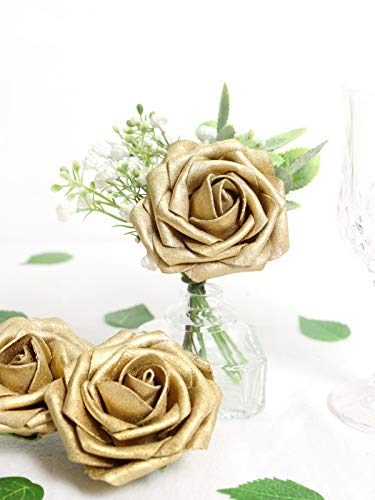 Artificial Flowers 25PCS Real Looking Gold Roses Fake Roses with Stem for DIY Wedding Bouquets Centerpieces Party Baby Shower Home Decorations - color: Gold, size: 3"/25pcs