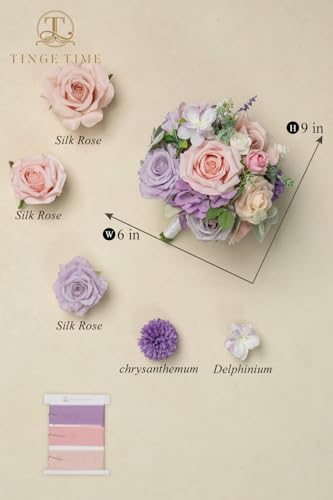 TINGE TIME Artificial 9 Inch Bridal Bouquet,Pink&Violet Flower Bouquet with Roses for Bride, Bridal Tossing Bouquet for Wedding Ceremony Anniversary Bridal Showers Wedding Church Decoration - color: Pink & Violet
