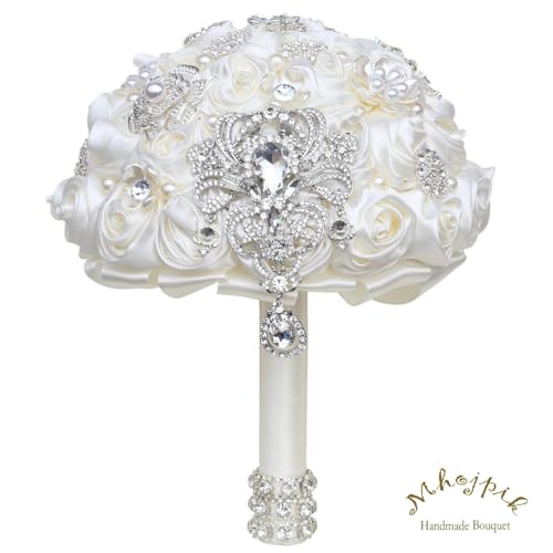 Bridal Wedding Bouquet Round Bling Brooch Bouquet Artificial Rose Flower Bunch for Bride Bridesmaid Wedding Quinceanera(Ivory, 8.7") - color: Ivory*, size: Medium (Dia. 8.7"/22cm)