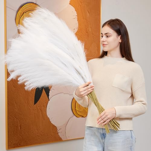 10 Pcs 39''/3.2FT Faux Pampas Grass Decor, Large Tall Fluffy Artificial Fake Flower, Bedroom Decor Boho Decor Pompas Floral for Vase Filler Farmhouse Home Wedding Decor (White) - color: White
