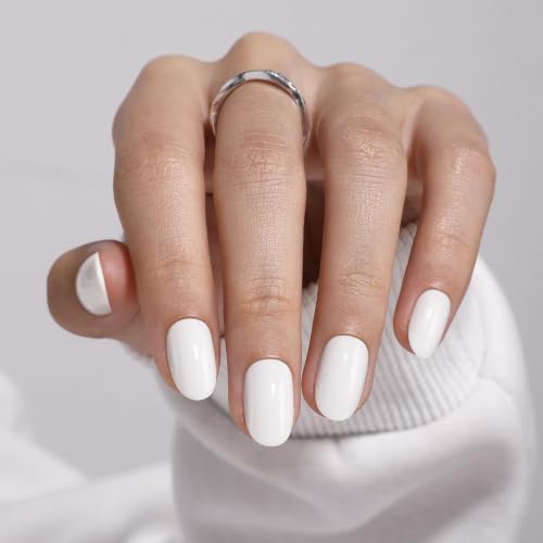 32Pcs Soft Gel Press on Nails for Women, Solid All White, Short Oval | Solid Color Glossy False Fake Nails Press Ons for Office Daily Wear, Salon Quality Reusable Glue & Stick on Nail Gift Kit - color: 5K-Solid All White