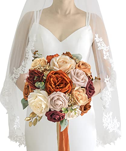 Lookein 10 Inch Wedding Bouquet for Bride Artificial Flowers Birdal Bouquet Bridesmaid Bouquet Tossing Bouquet for Wedding Ceremony Anniversary Bridal Shower, Chic Terracotta - color: 10" Chic Terracotta