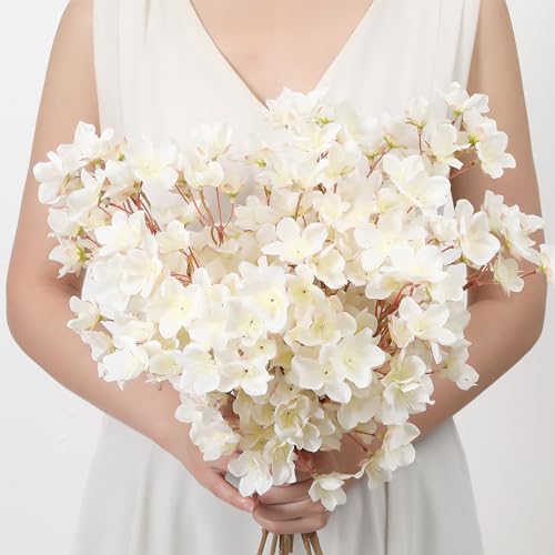 SITUMEIZI 6Pcs Artificial Cherry Blossom Branches Decor Fake Flowers Silk Spring Faux Flowers 16" Bouquet for Home Wedding Bedroom Japanese Decoration DIY Table Centerpiece Arrangement(Ivory White) - color: 6pcs-ivory White, size: 16 Inches