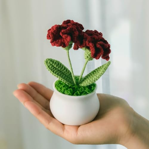 Joekaran Crochet Flowers Cute Birthday Gifts for Mother in Law, Unique Presents from Son Daughter, Gift for Women, Teacher’s Day, Desk Decor, Mama Stuff Home Office Decoration (Burgundy Carnation) - color: burgundy Carnation