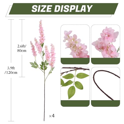 IPOPU 3.9FT Wisteria Artificial Flowers, 4PCS Wisteria Hanging Flowers, Silk Pink Flower with Long Stem for Tall Vase Filling Wedding Wall Backdrop Centerpieces Home Decoration (Pink) - color: Pink