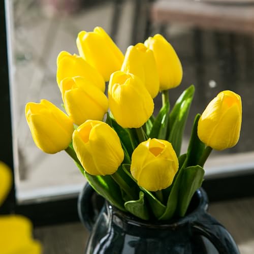 Tanvecle 20pcs Yellow Artificial Tulip Flowers, Silk Fake Flowers 13" for Mother's Day, Easter, Valentine’s Day Gifts in Bulk, Home, Kitchen, Wedding Decorations - color: Yellow