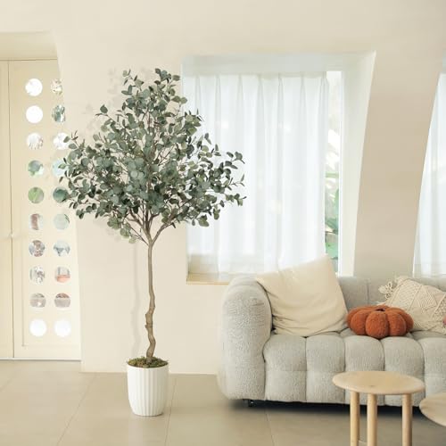 LYERSE Eucalyptus Tree Artificial 7ft - Faux Eucalyptus Tree in Plastic Nursery Pot with 995 Silver Dollar Leaves - Artificial Trees for Office House Living Room Home Decor Indoor - size: 7ft