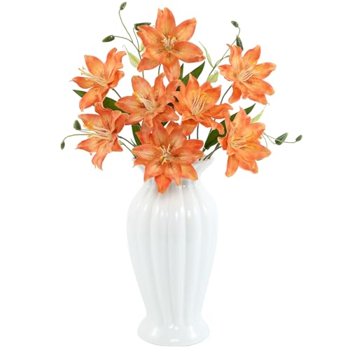 DuHouse 6 Pcs Artificial Lily Flowers, Fake Lilies Silk Flower for Table Vase DIY Wedding Bouquets Party & Home Decor(Orange) - color: Orange
