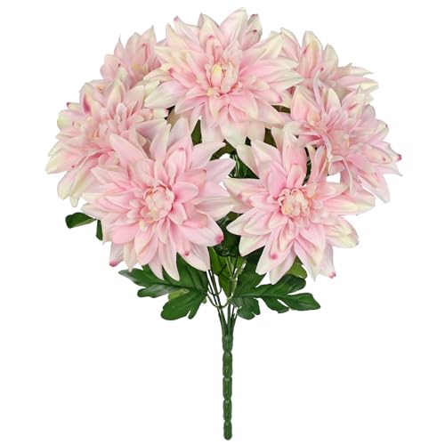 Hollyone 15.7" Pink Artificial Dahlia Flowers Bush 7 Heads Silk Fake Dahlias Flowers with Stems Wedding Bouquets Faux Dahlia Flowers Arrangements for Outdoor Indoor DIY Table Centerpieces Home Decor - color: Pink
