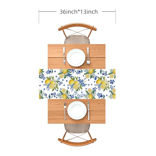 Lemon and Blue Floral Table Runner, White, 36 x 13 inches | Seasonal Kitchen Dining Table Decoration, Home Party Birthday Wedding Decor - size: 36 Inches X 13 Inches