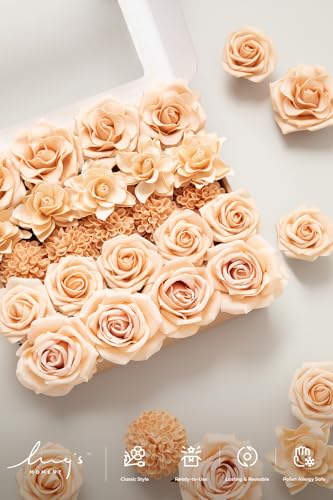 Ling's moment Artificial Flowers Fake Silk Roses Faux Dahlia Foam Gardenia Combo for DIY Wedding Bouquets Centerpieces Arrangements Bridal Shower Party Home Decorations, Apricot & Peach, 24pcs - color: Or-apricot