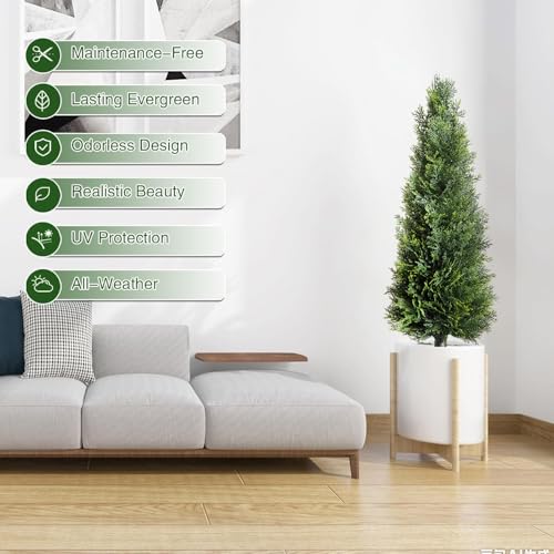 Artificial Cedar Trees with Ground Stakes, 3 Feet Tall, UV-Resistant Faux Cypress Plants for Indoor Outdoor Garden, Green, 2 Pack