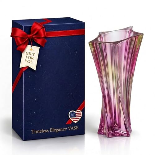 Crystal Glass Vase – Heavy Crystal Vase for Flowers with Weighted Bottom, Thick Durable Decorative Vases for Modern Home Decor, 9.8″ 3.5lb Clear Centerpiece (Gradient Pink) - color: Gradient Pink