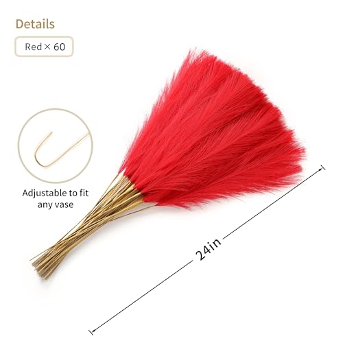 Wertuirk 60pcs Red Pampas Grass Decor - 24 Inch Short Artificial Pampas Grass Decor, Fake Pompas Floral for Vase Filler, Wedding Flower Arrangement, Party and Home Decor (Red) - color: A Red, size: 60 Pieces