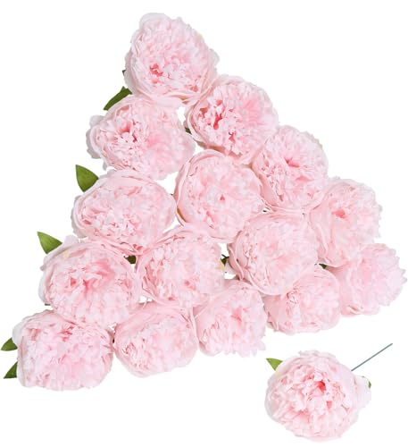 Pink Peonies Artificial Flowers 16pcs Light Pink Flowers Silk Flowers Fake Peonies Faux Peony Flowers Heads with Stem Floral Arrangement for Home Wedding Party Festival Decor (Light Pink) - color: Light Pink