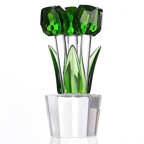 Qianwei Crystal Tulips Flowers Figurine Green with Vase - Glass Flower Bouquet Collectible Figurines Crystal Office Home Decor Paperweight - Tulip Gifts for Women Mom Bestfriend Wedding Anniversary - color: Green Tulip