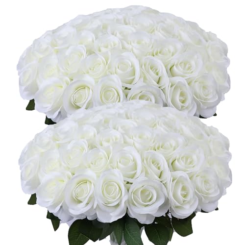 52pcs Ivory Roses Artificial Flowers Ivory White Roses Fake Flowers Silk Roses with Stems for DIY Wedding Bouquets Bridal Shower Centerpieces Arrangements Party Decorations - color: Ivory